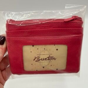 Buxton Genuine Leather Card Holder Wallet Zip Coin Pouch ID Window Pink NEW